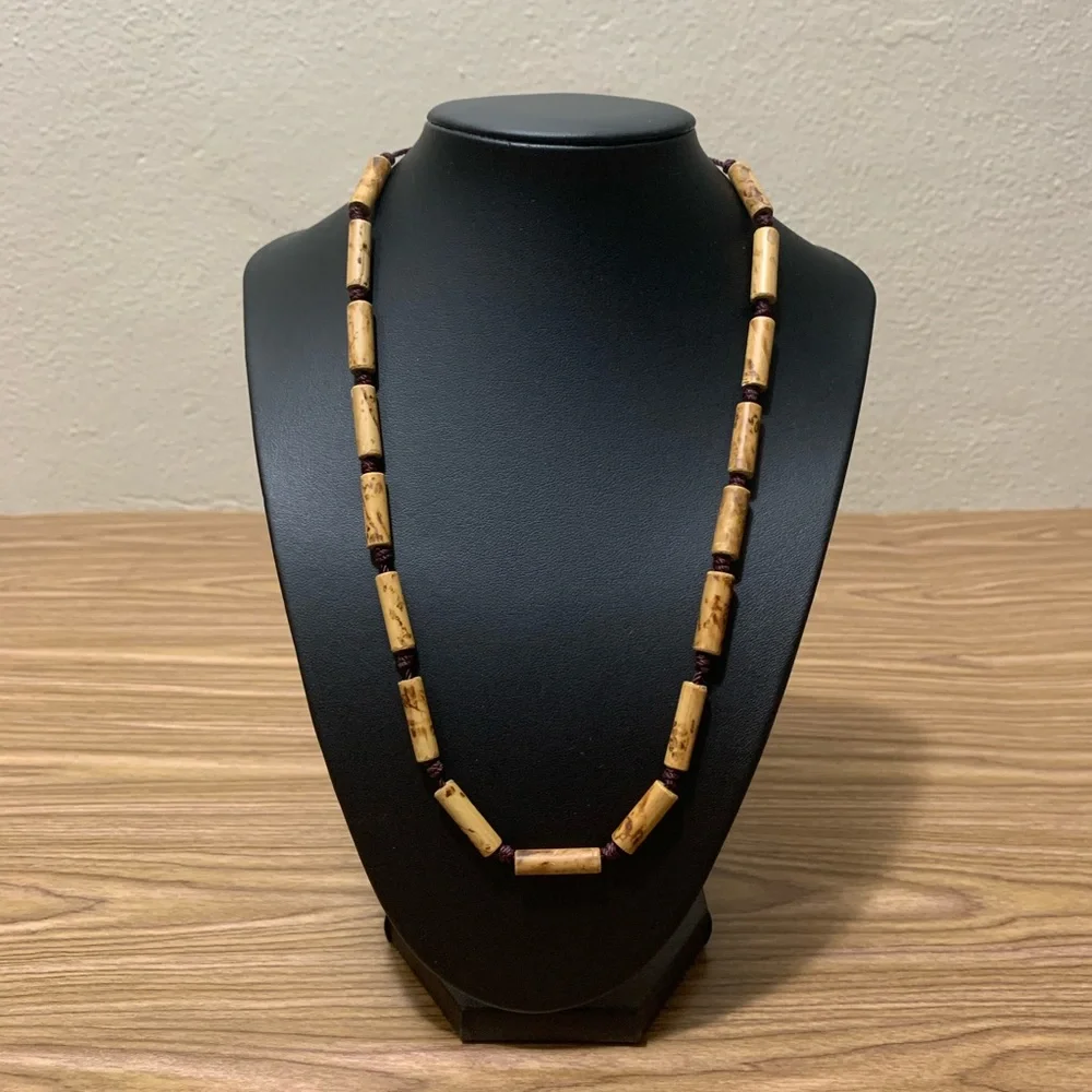 Vintage Boho Tube Bead Necklace Earthy Tribal Natural Style Brown Tan